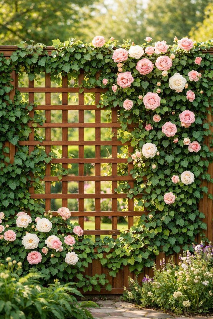 Trellis with climbing ivy or roses