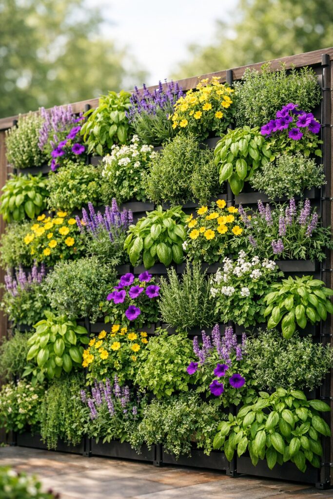 Vertical garden walls with mixed herbs and flowers