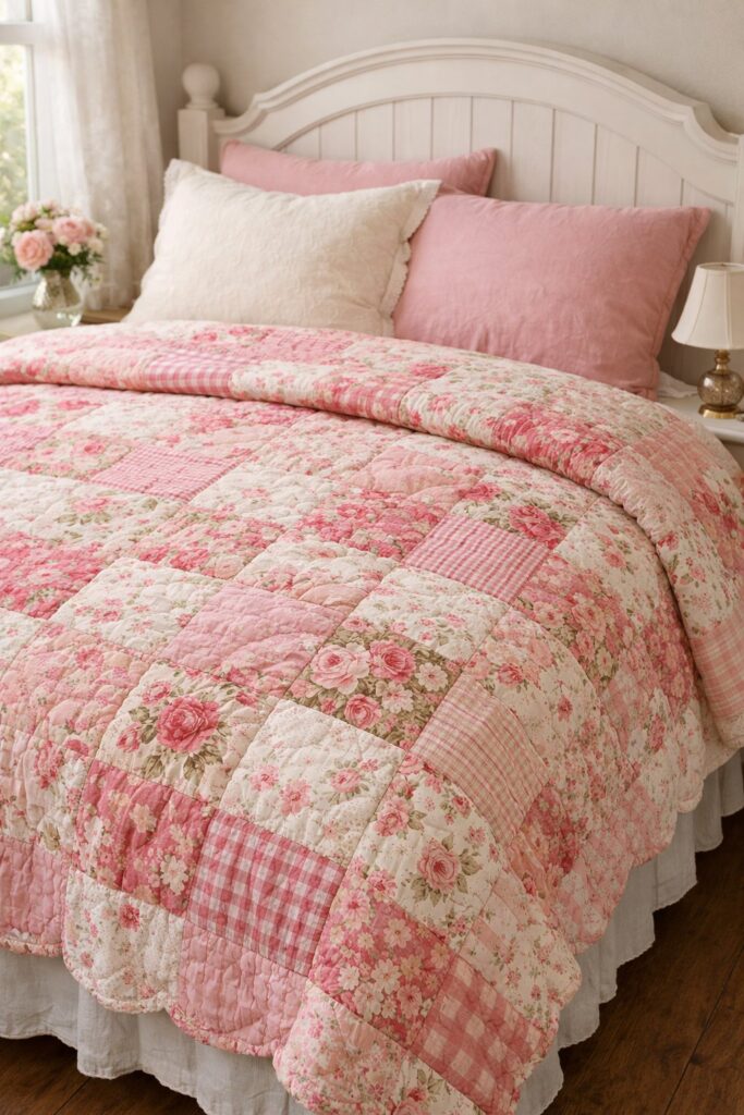 Vintage-inspired pink floral quilt with patchwork