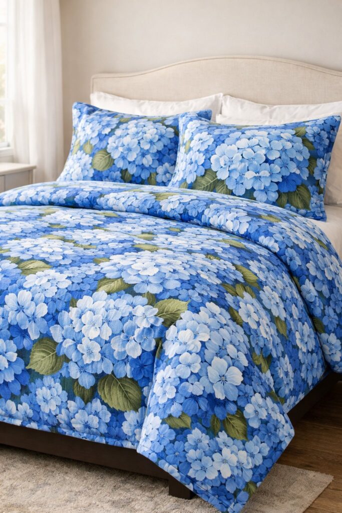Blue hydrangea blossom bedspread