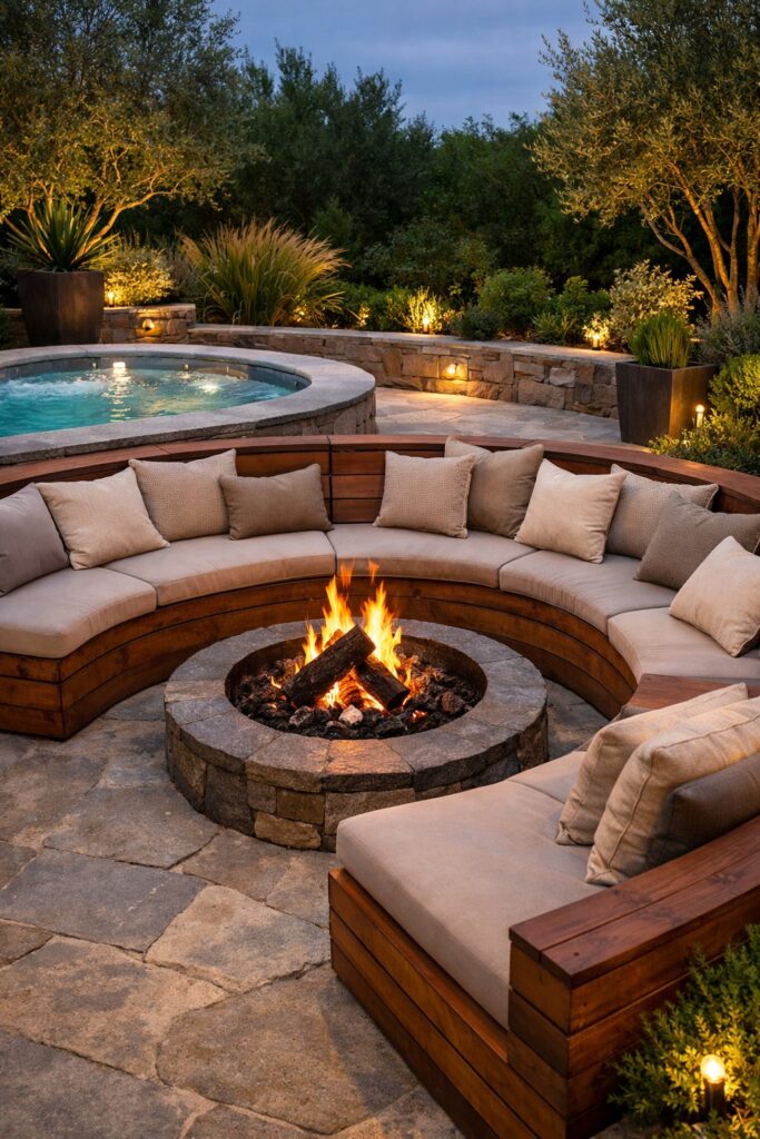 Built-in seating with soft cushions around wood-burning fire pit near hot tub