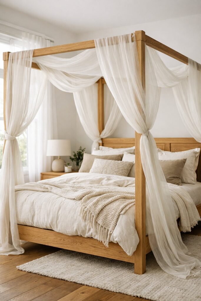 Canopy bed with natural wood frame and flowing gauze fabrics