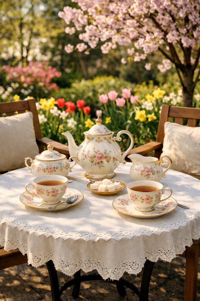 Create a vintage tea party corner with antique tea sets
