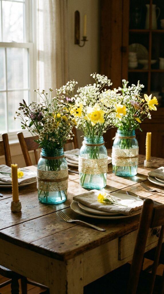 DIY mason jar vases with spring blooms