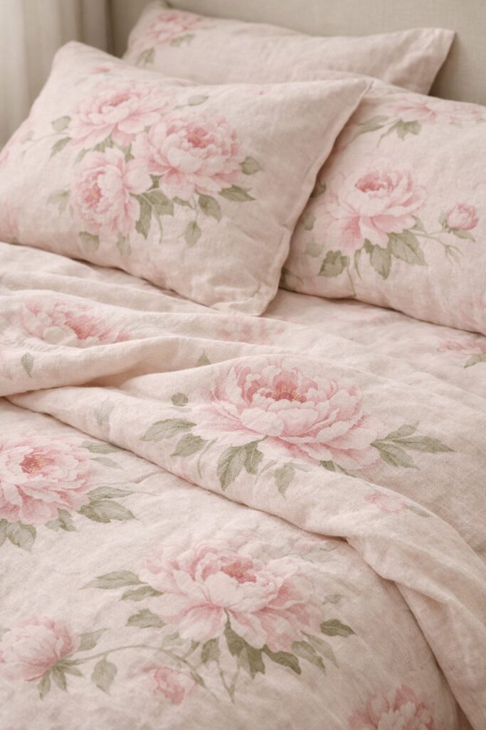 Delicate peony prints on light pink linen sheets