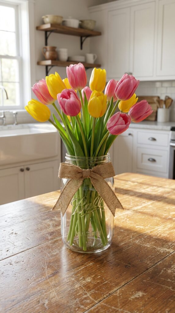 Fresh Tulips or Daffodils in Mason Jars