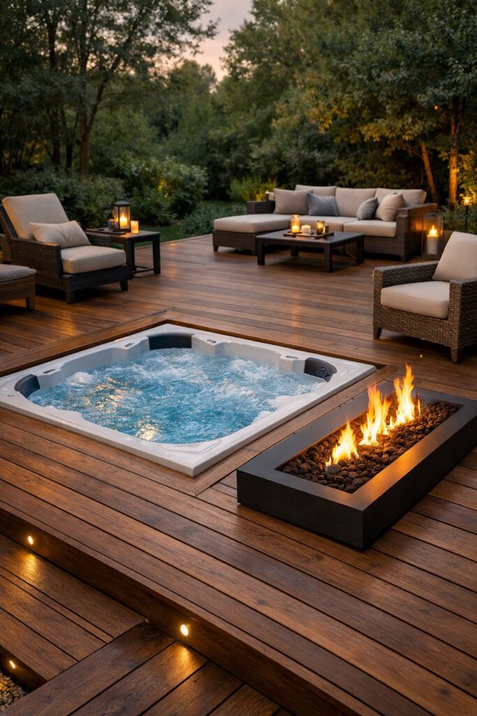 Raised deck with hot tub and fire pit combo