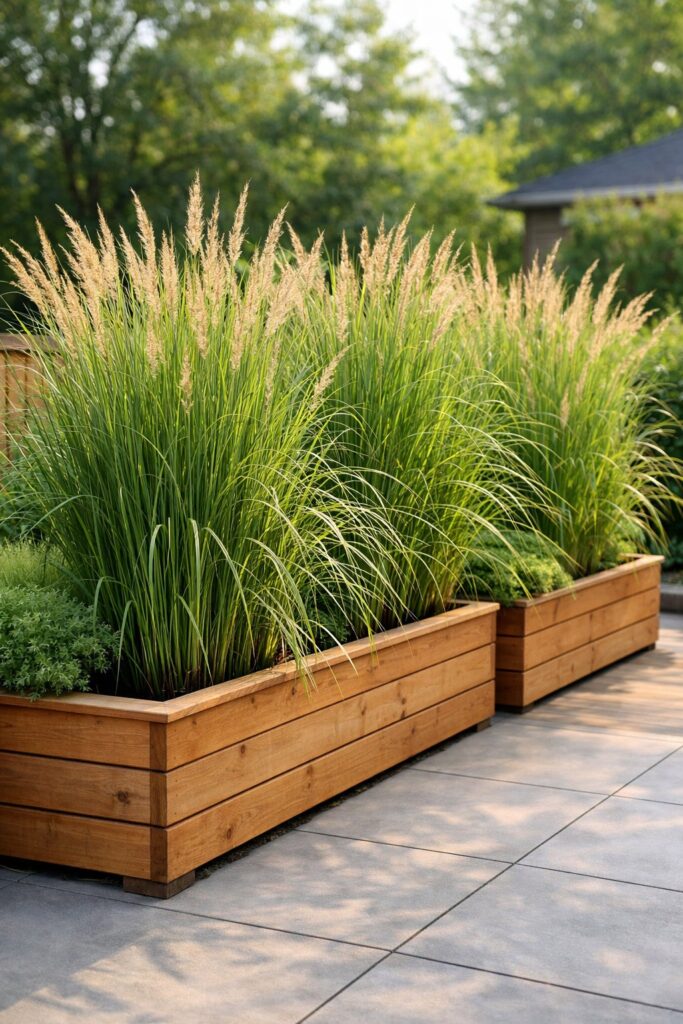 Raised planter boxes with tall grasses