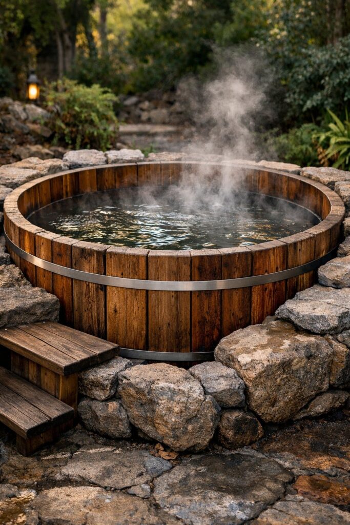 Wood Fired Hot Tub with Stone Surround