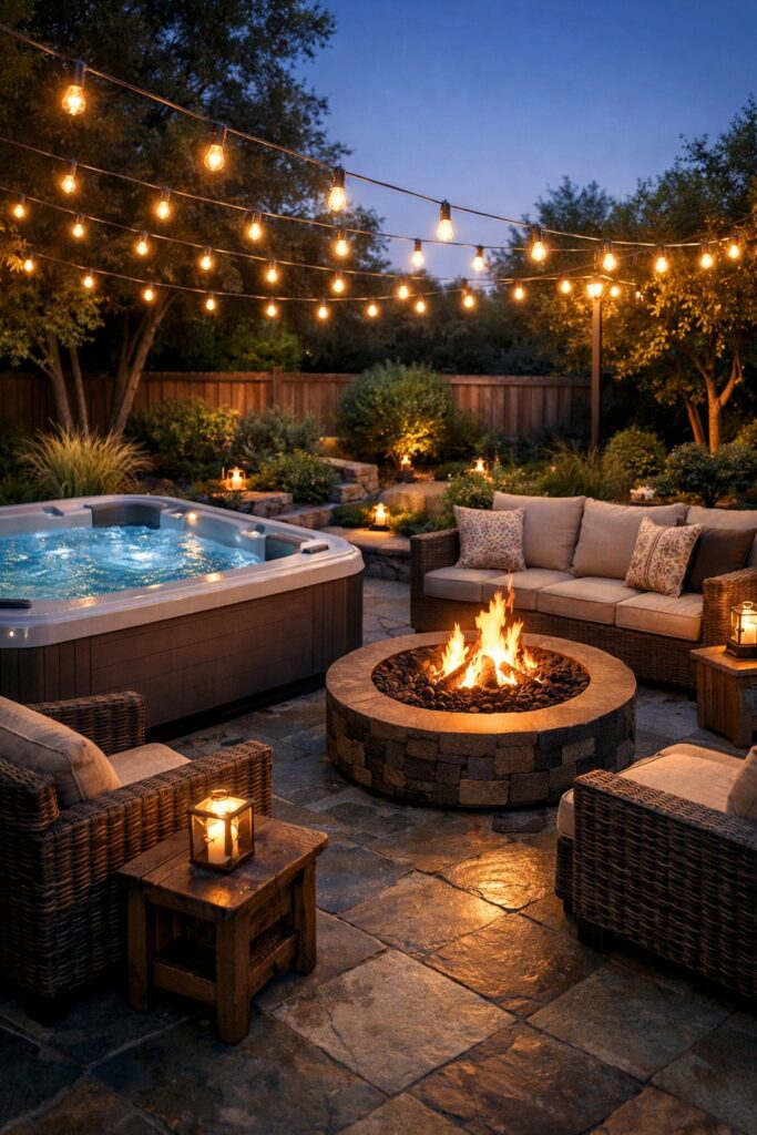 Ambient string lights above hot tub and fire pit on a slate tile patio