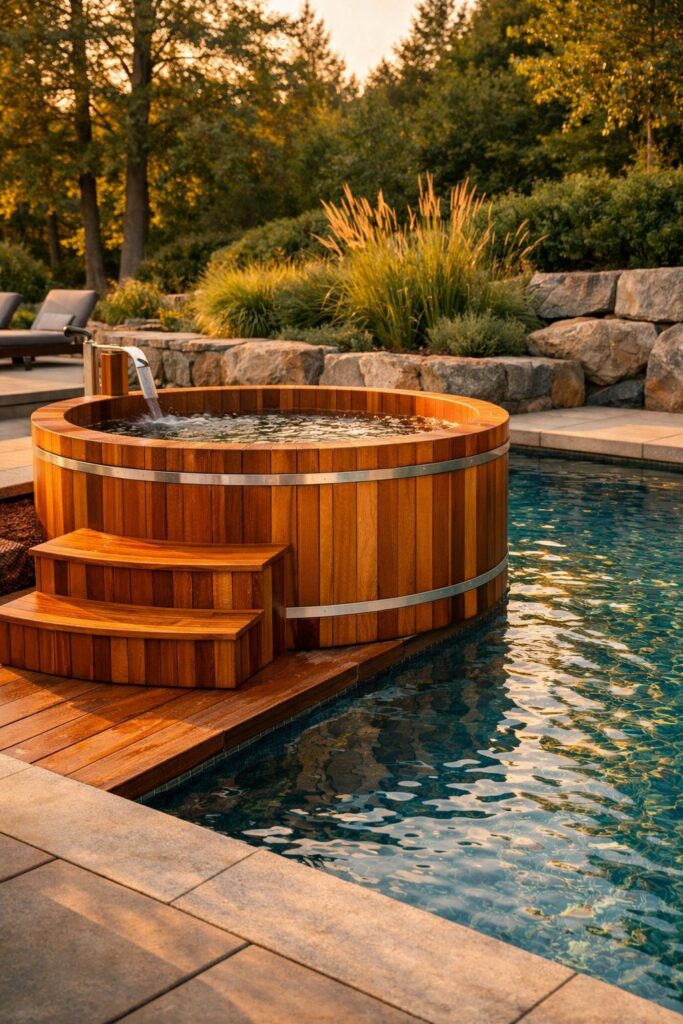 Cedar Hot Tub Integrated with Pool