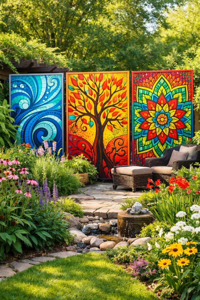 Colorful garden screens with artistic panels