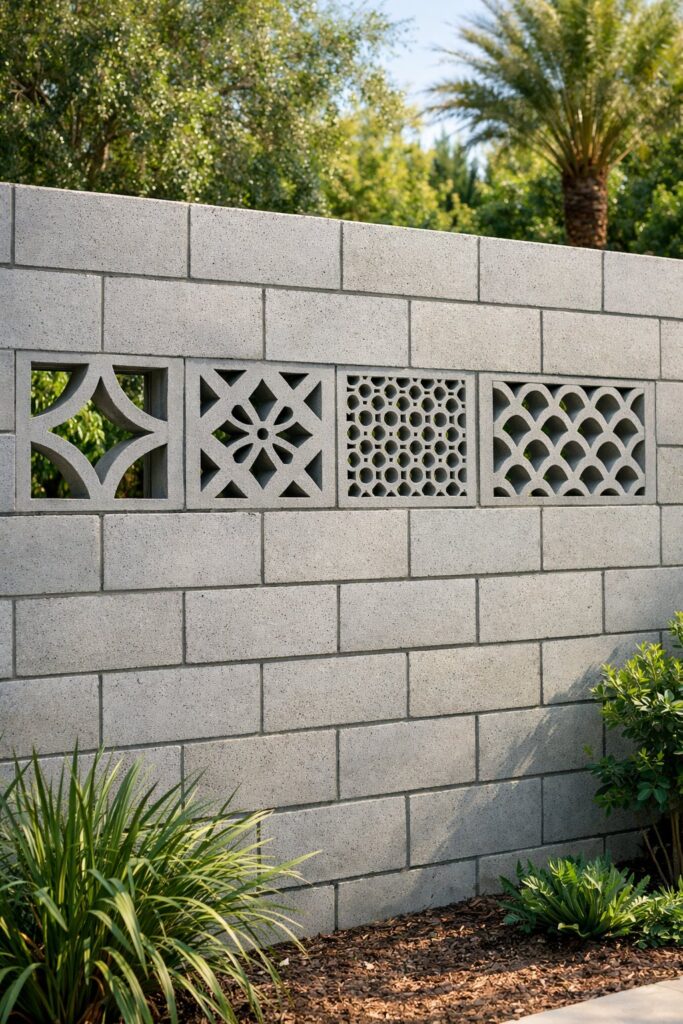 Concrete block wall with decorative inserts