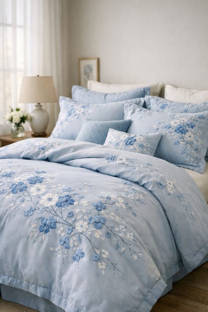Light blue floral embroidery bedding