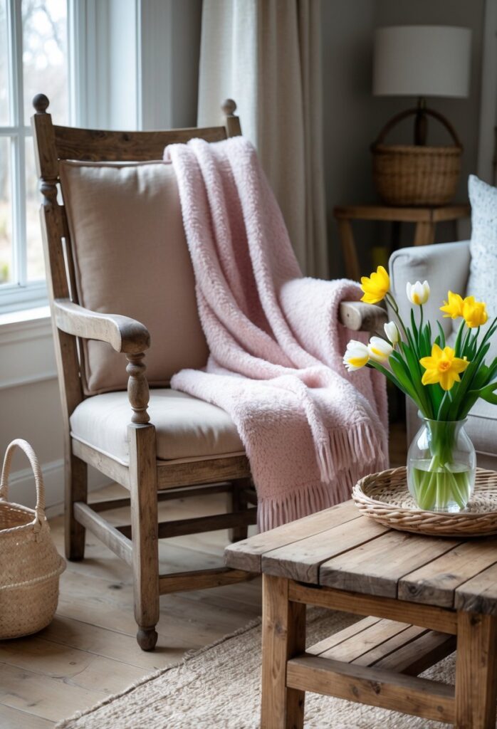 Mix aged wooden furniture with modern soft throws