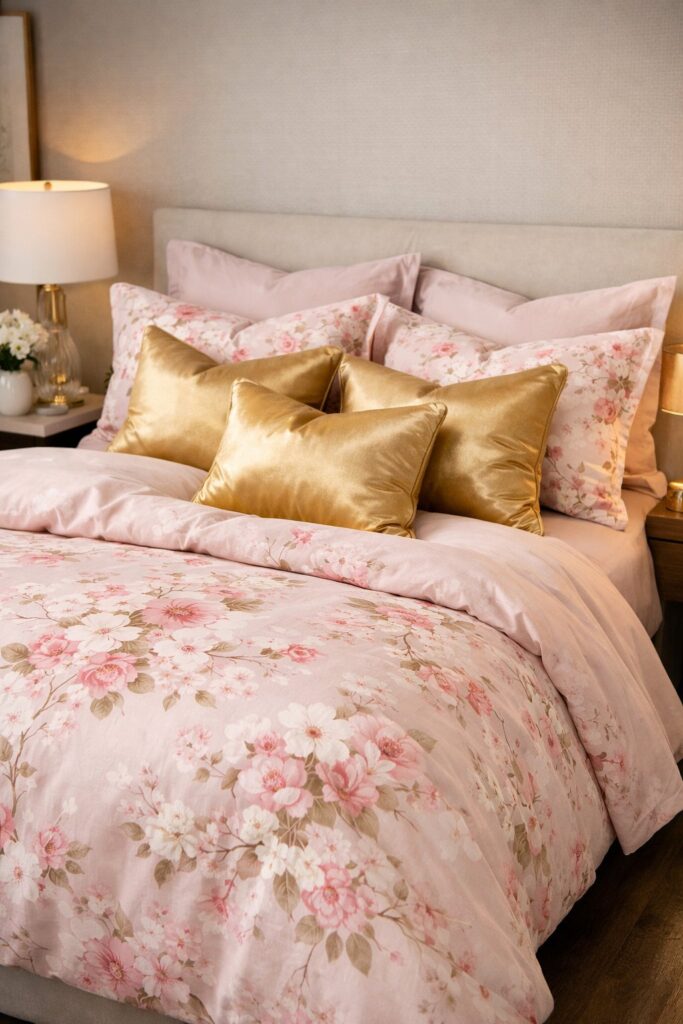  Pink floral bedding paired with gold accent pillows