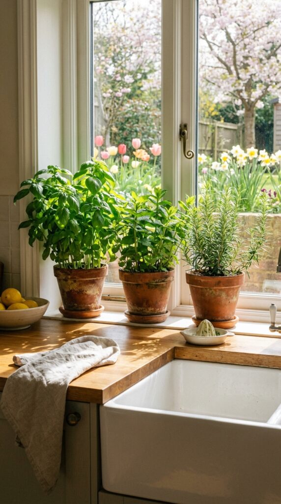 Potted herbs like basil and mint by the kitchen window
