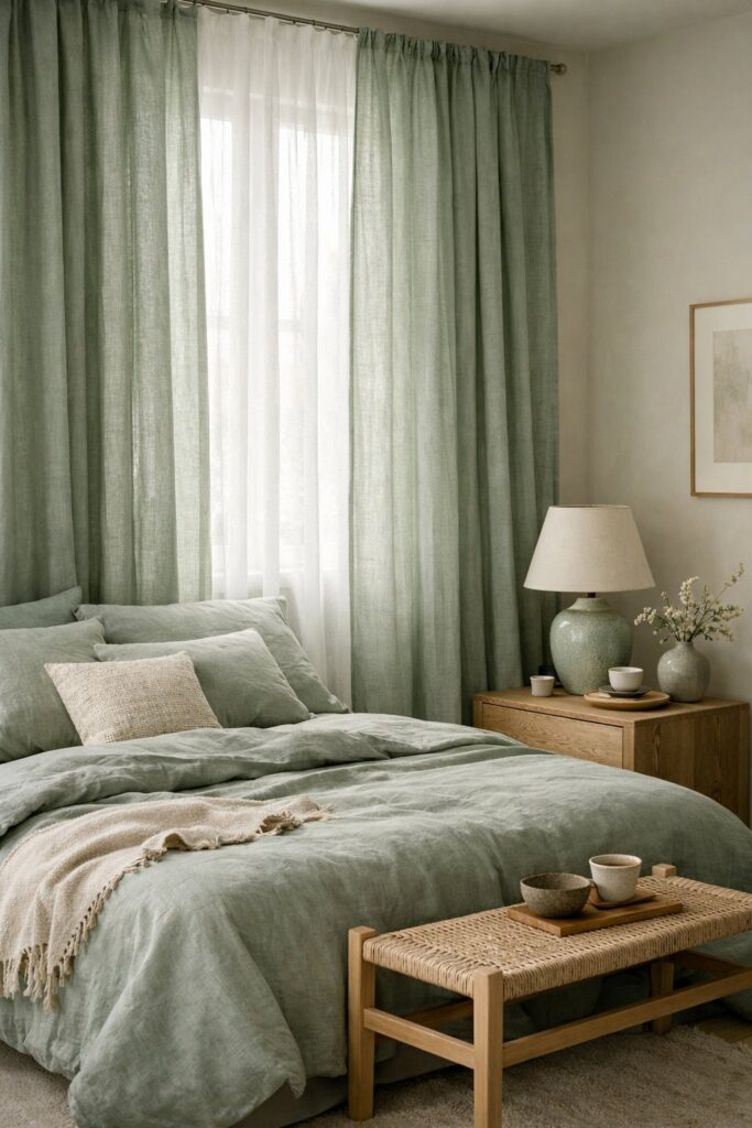 Soft linen curtains in muted green
