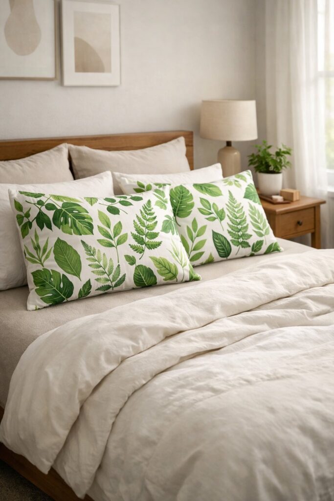 Use botanical print pillow shams for a fresh touch