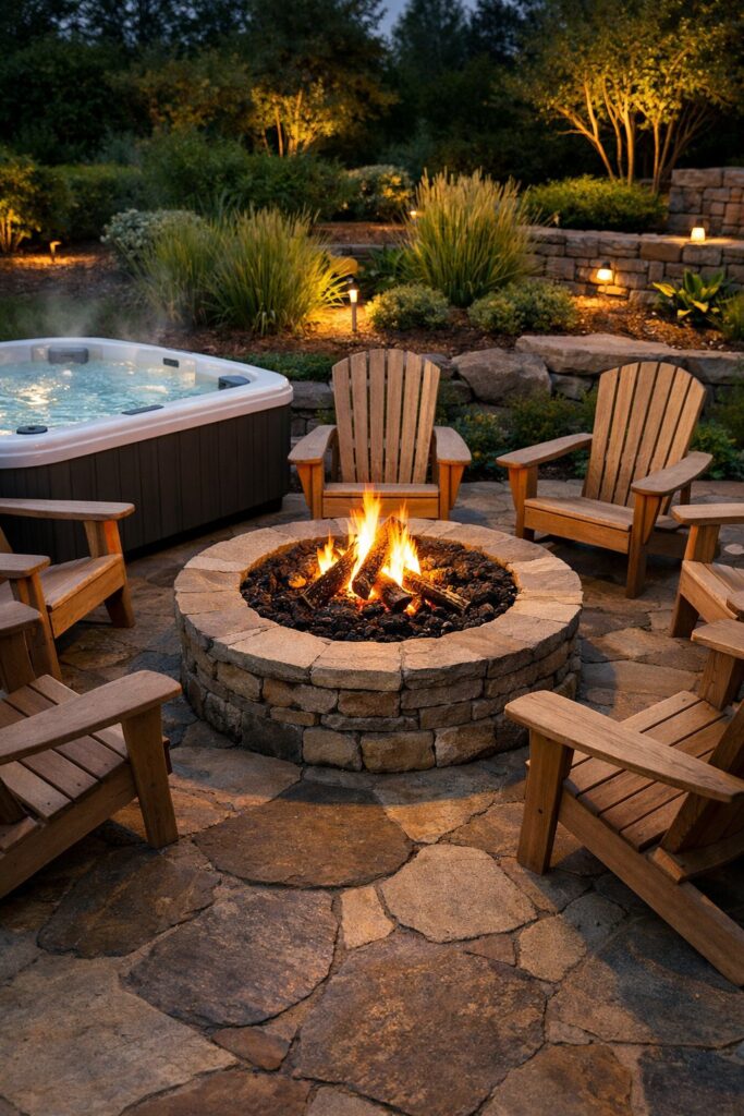 Fire pit surrounded by Adirondack chairs beside a modern hot tub