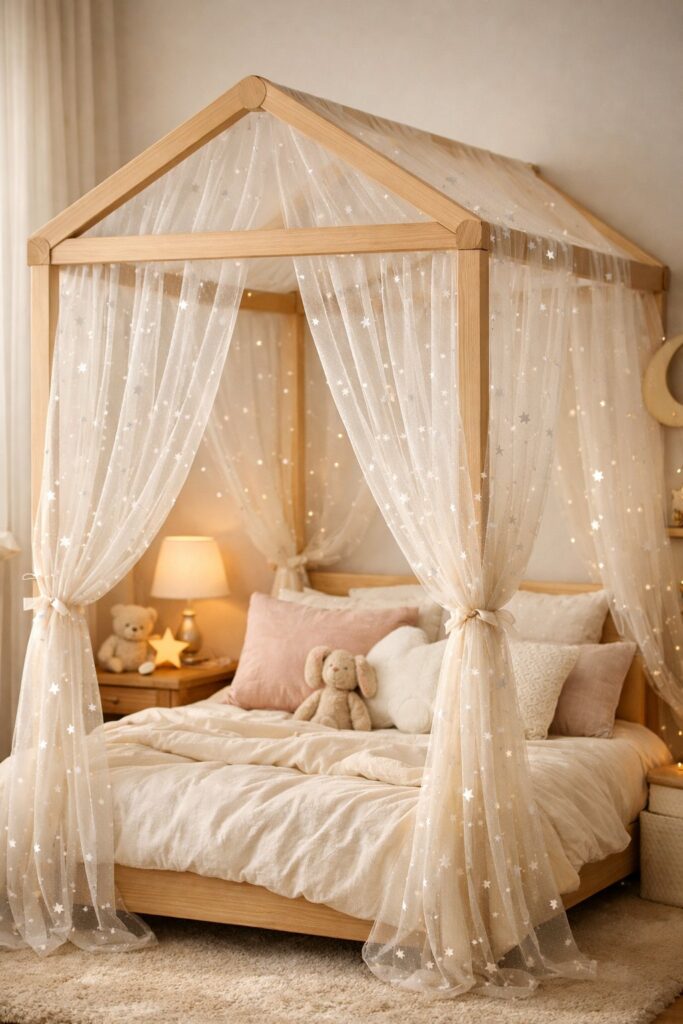 Kids’ canopy bed with star-patterned sheer curtains