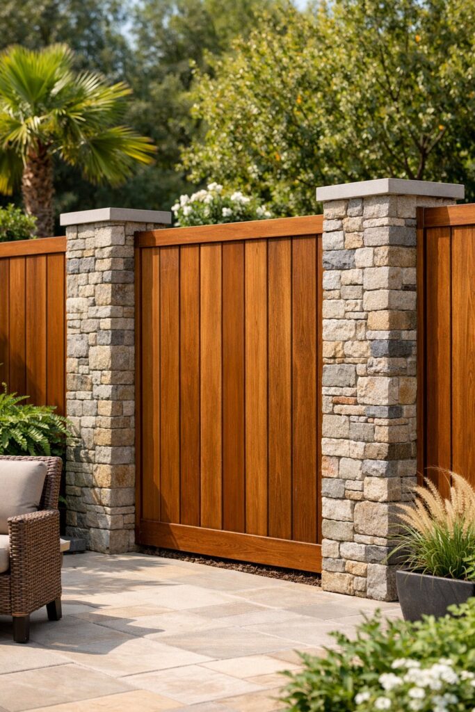 Mixed-material fence combining wood and stone