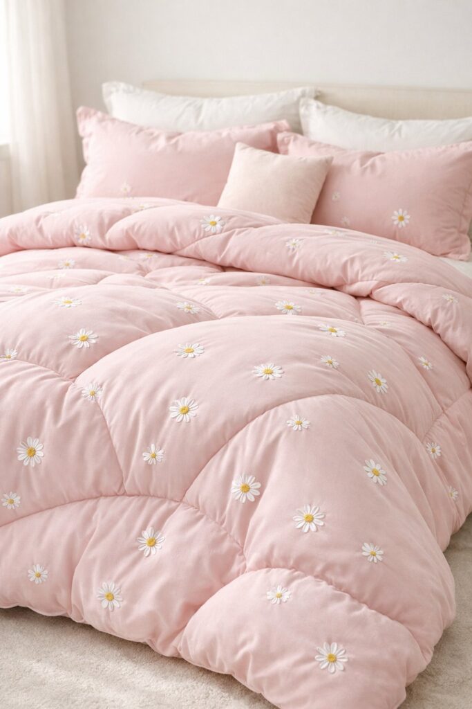 Pastel pink comforter with subtle daisy patterns