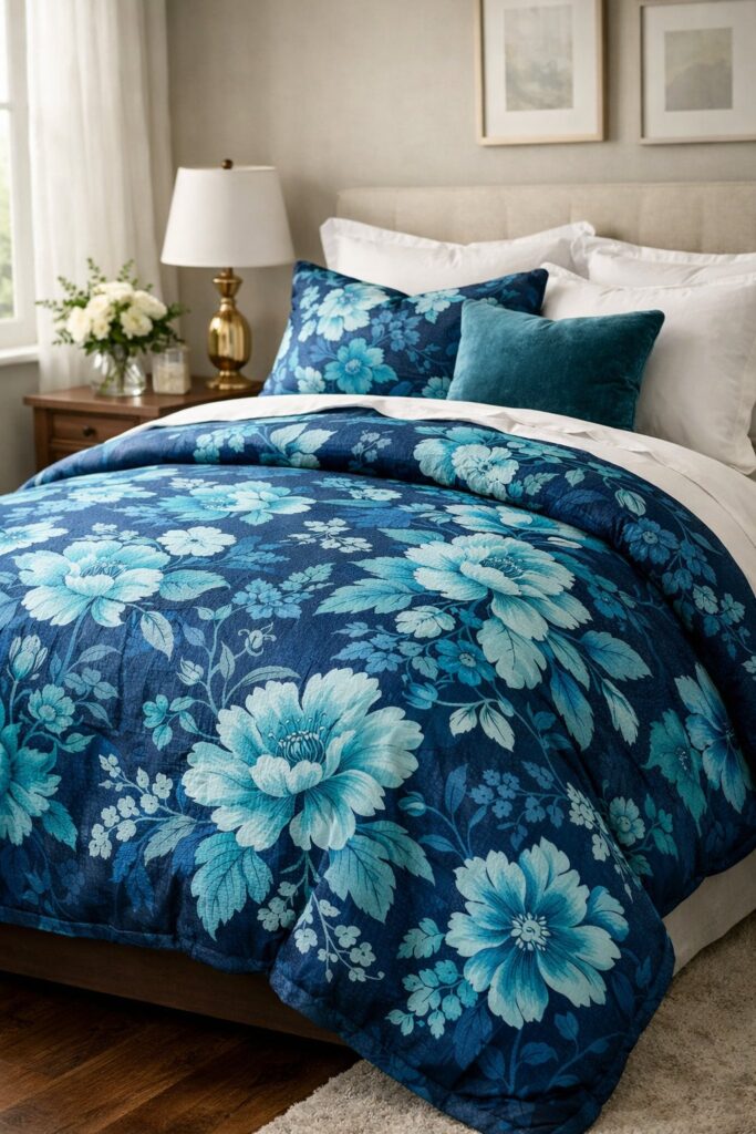 Turquoise and navy floral comforter