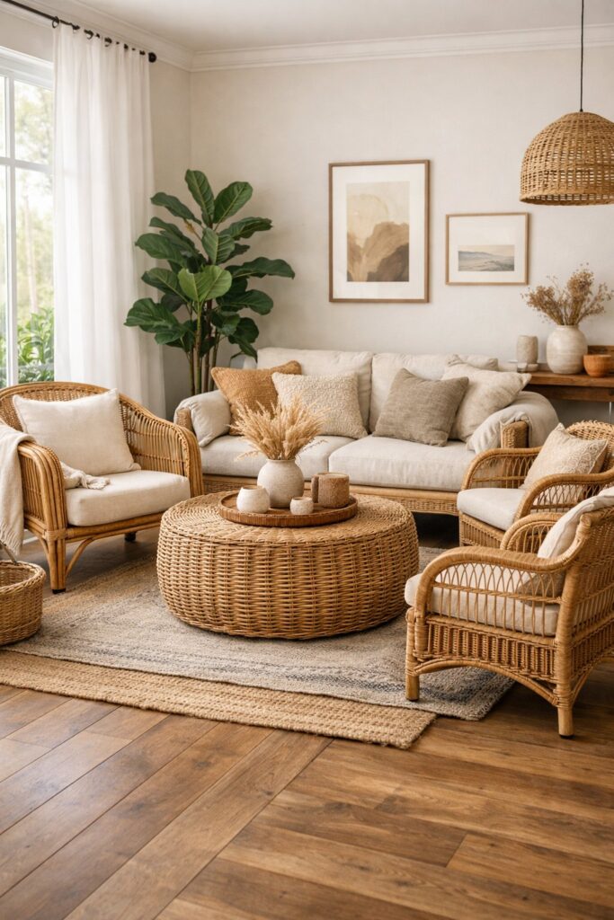 Use rattan or wicker furniture pieces