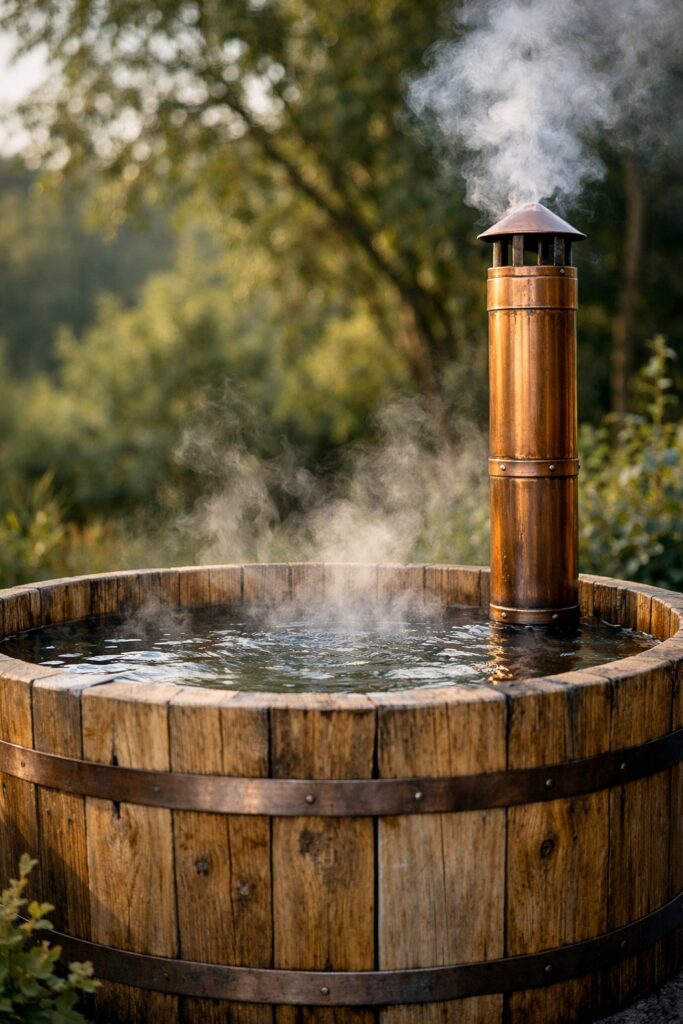 Wood Fired Hot Tub with Copper Chimney