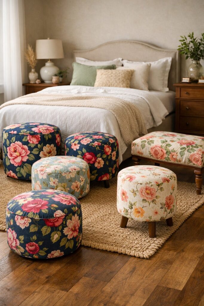 Add floral upholstered poufs or stools