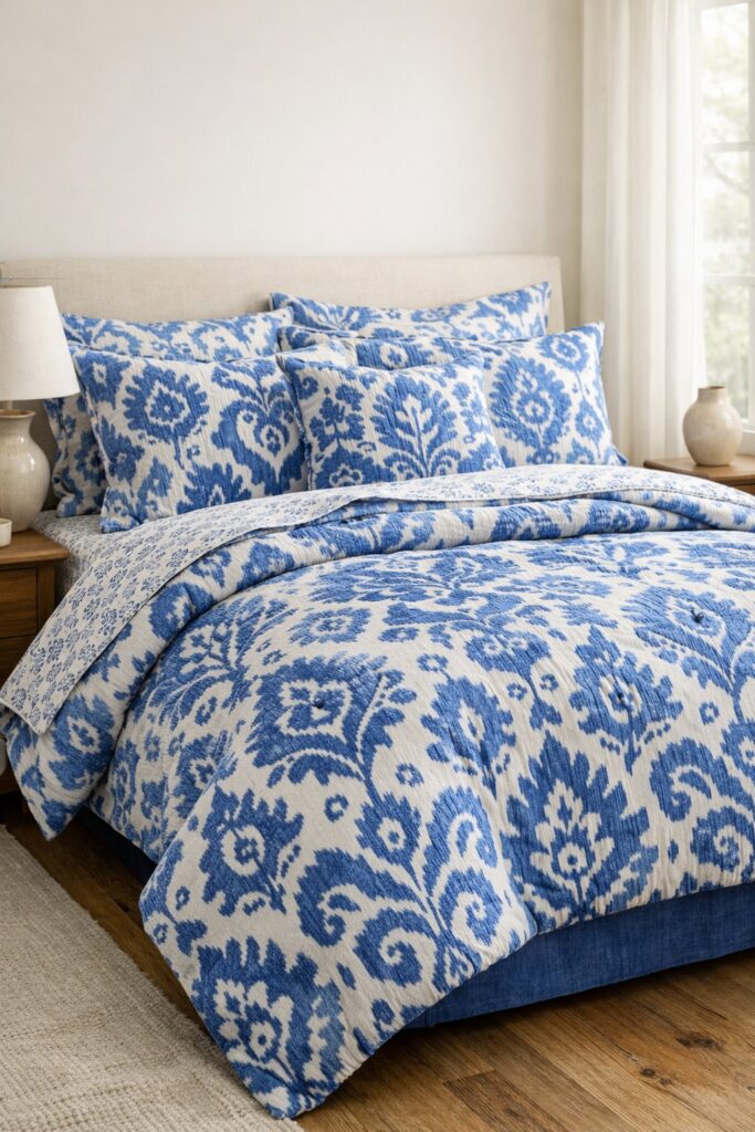 Blue floral ikat pattern bedding