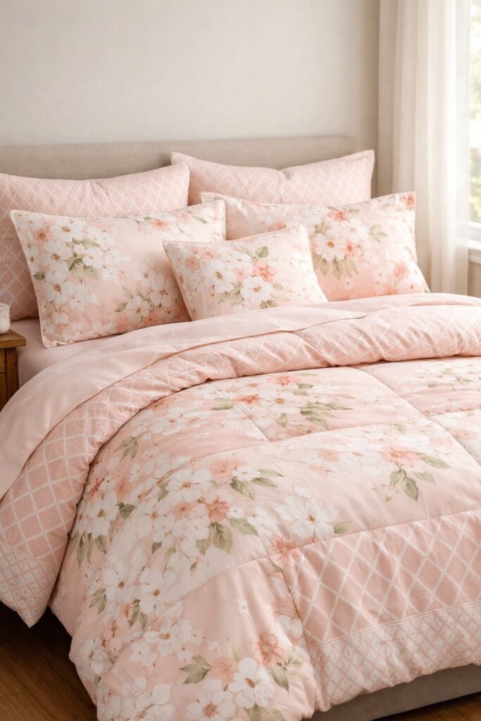 Blush pink bedding with mixed floral and geometric prints