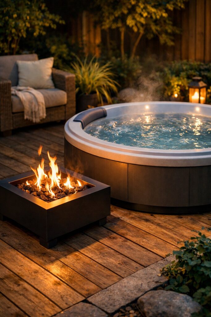 Compact fire pit nearby for warmth