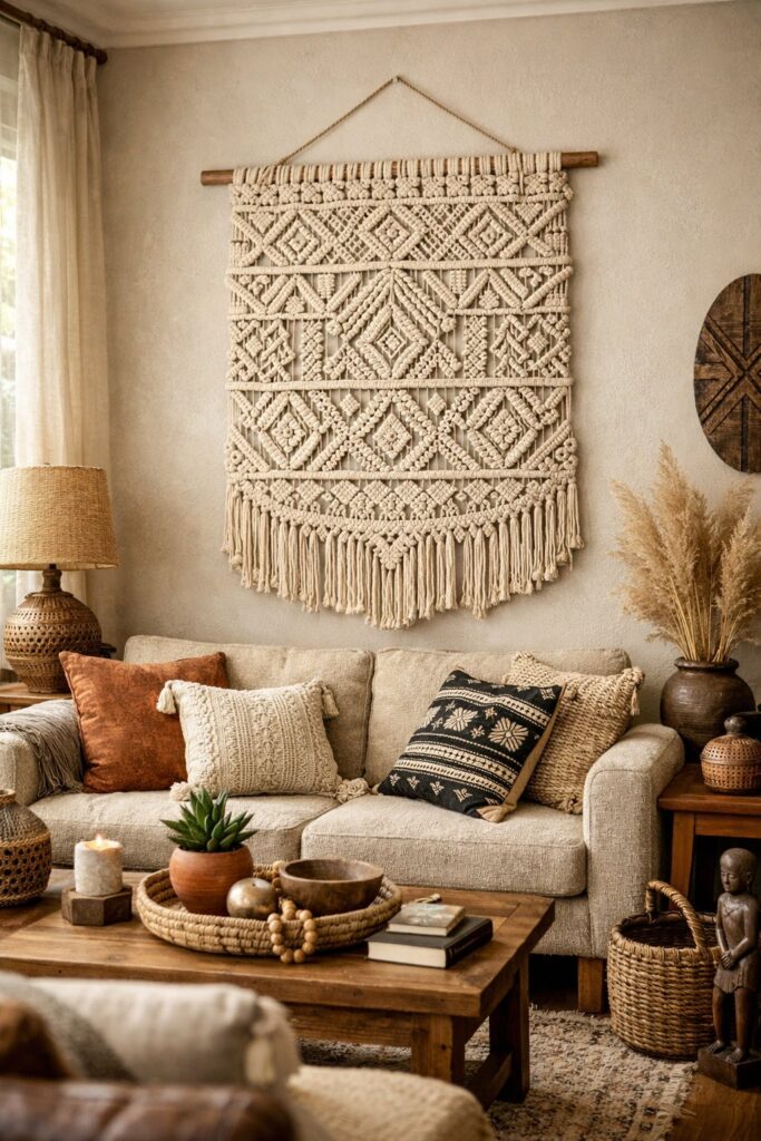 Hang macramé wall hangings with tribal patterns