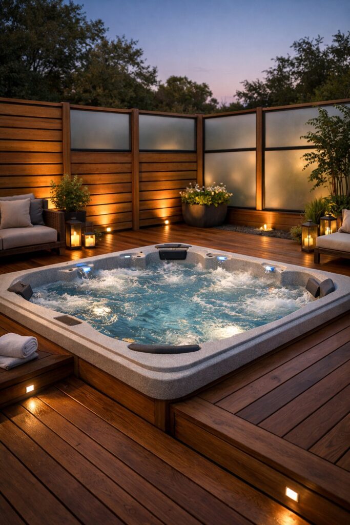 Hot tub deck with privacy screens