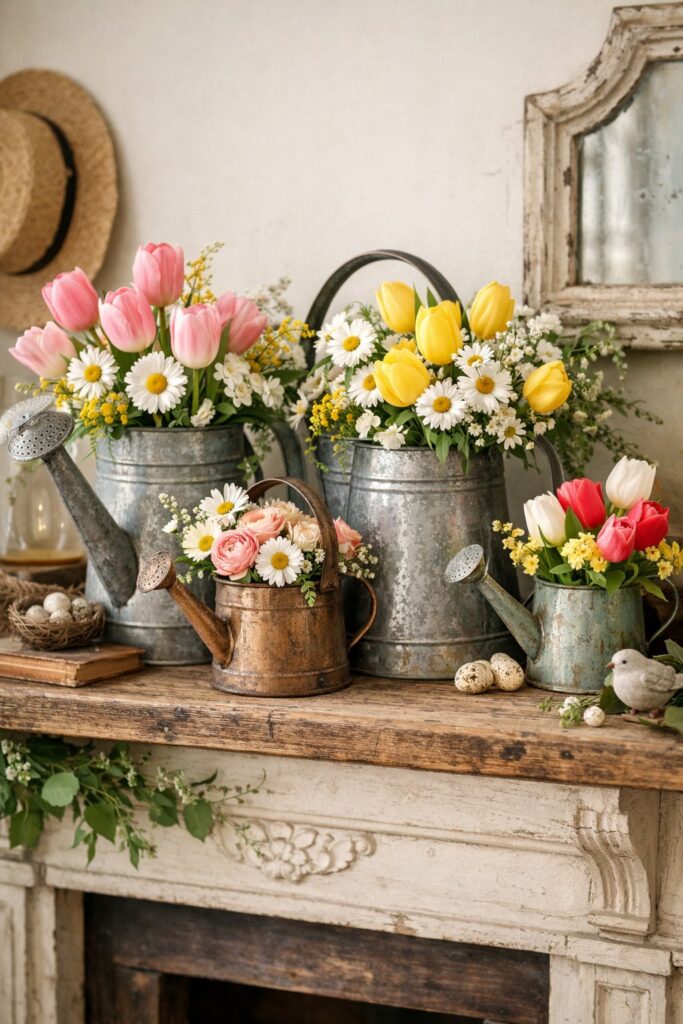Include vintage-style watering cans as decorative accents