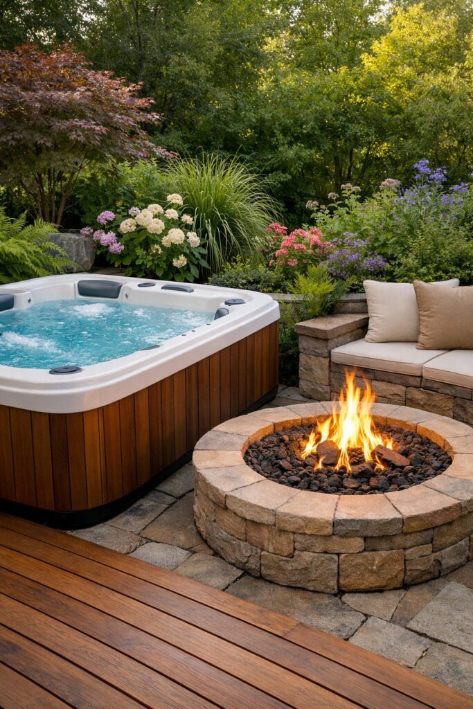 Lush garden backdrop framing a hot tub and circular fire pit