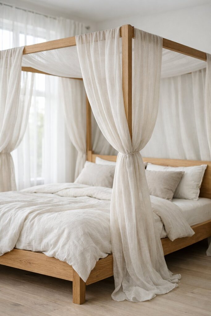 Minimalist canopy bed wrapped in lightweight linen panels