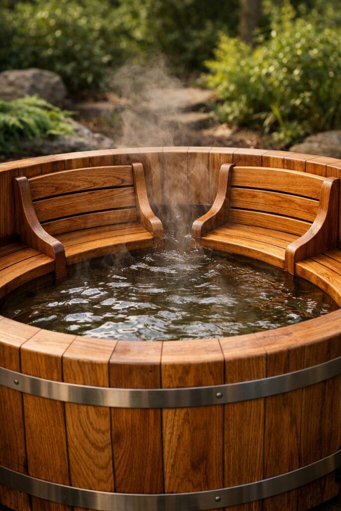 Oak Wood Hot Tub with Built-In Benches