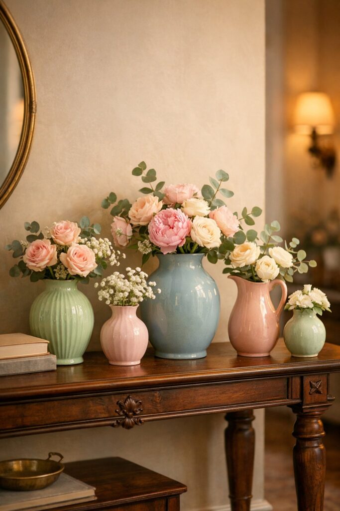 Use pastel-colored vintage vases on entryway tables