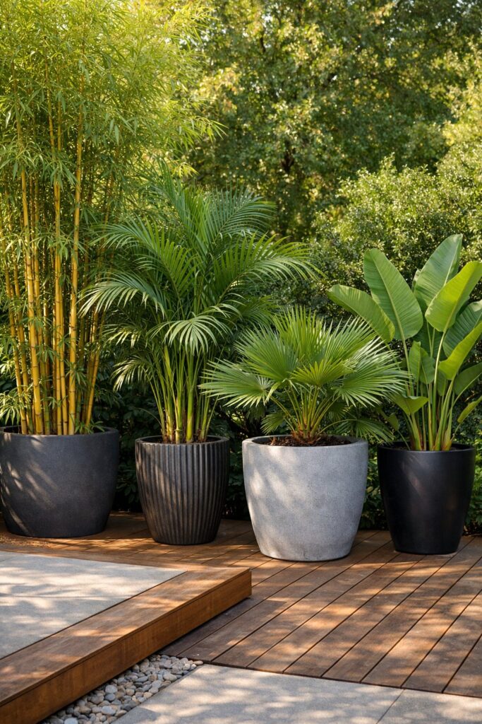 Using large container plants like bamboo or palms