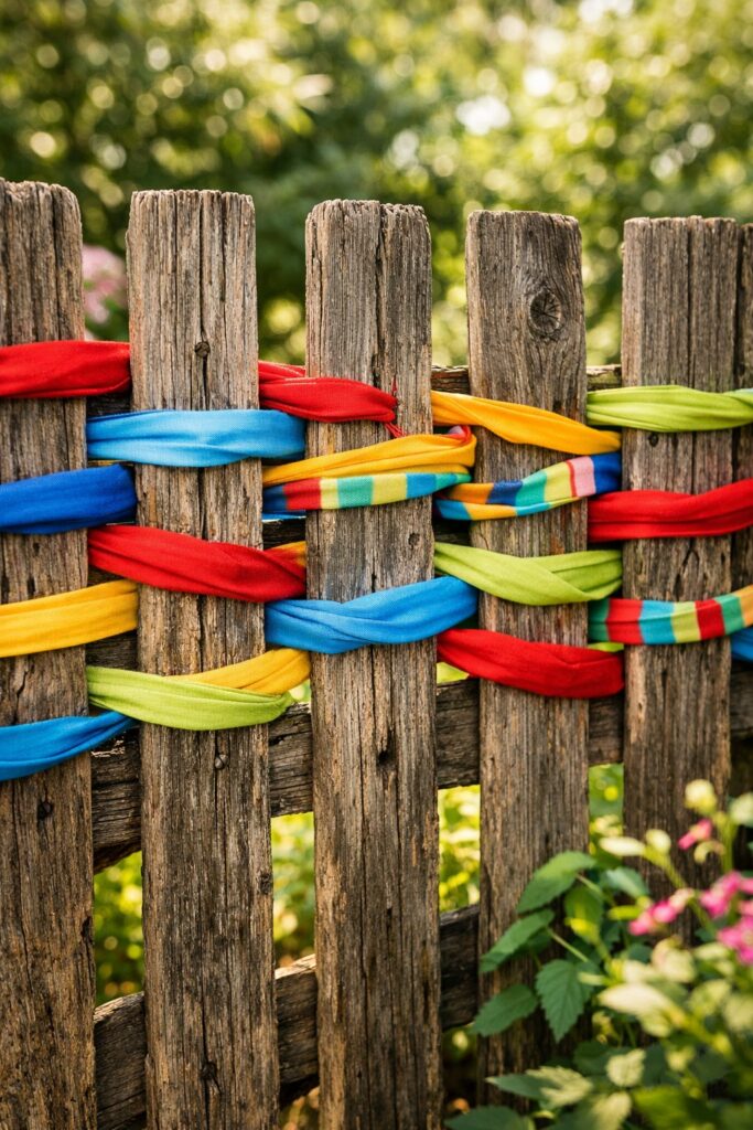Weave colorful fabric or ribbons through slats