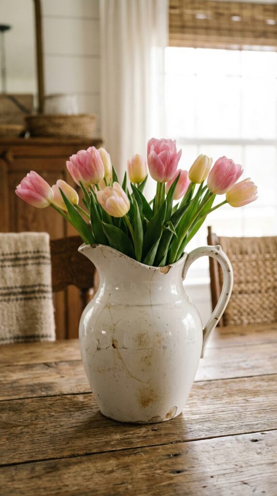 Arrange fresh blooming tulips in a vintage pitcher