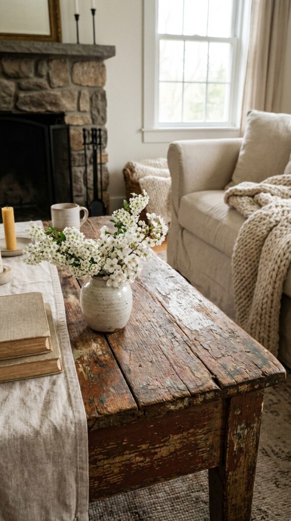 Place a weathered wood coffee table in the living room