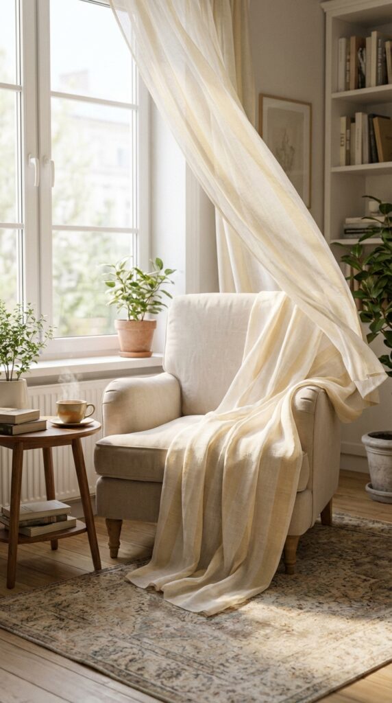 Layer sheer fabric throws over seating