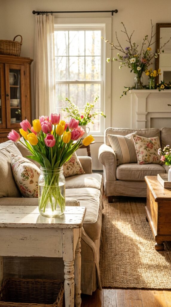 Add a fresh bouquet of tulips in a mason jar