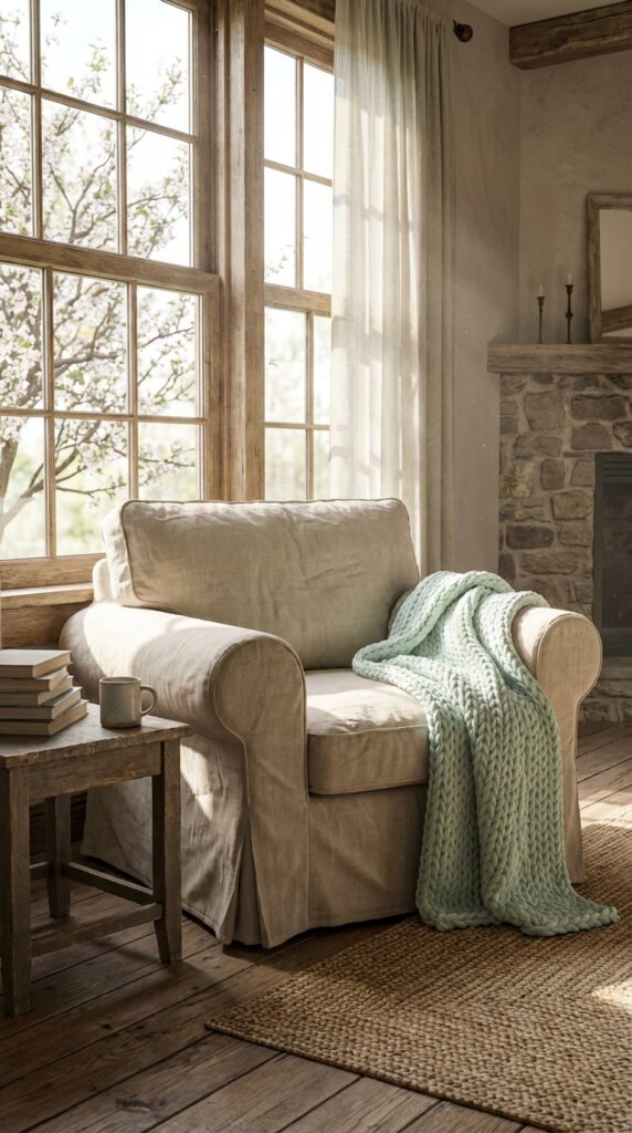 Use soft pastel-colored throw blankets over armchairs