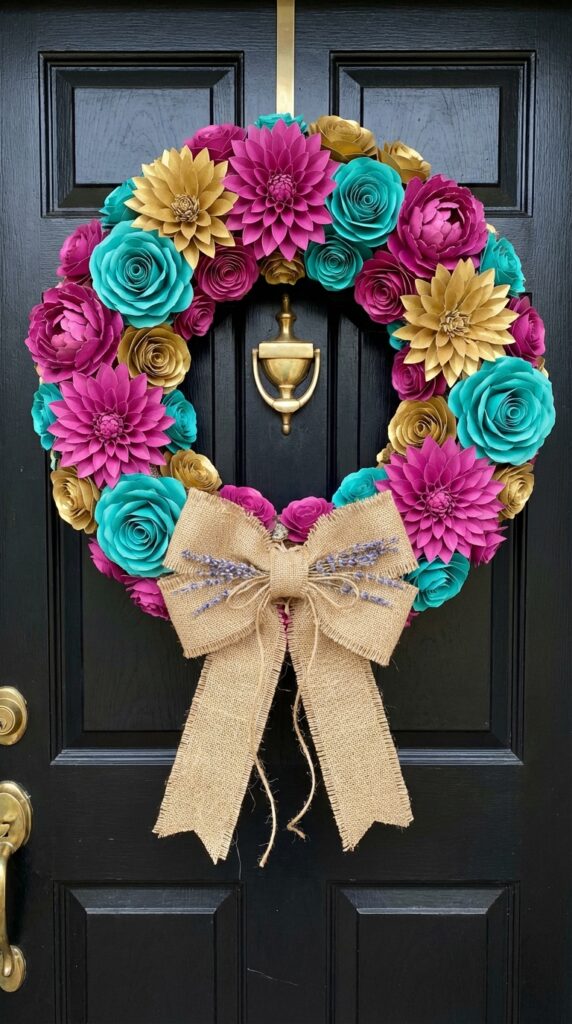 Paper Flower and Burlap Bow Wreath