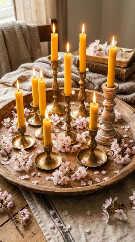 Place scented beeswax candles in antique holders